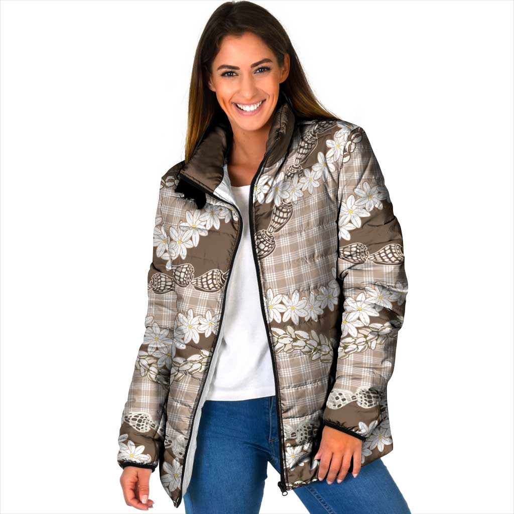 Brown Hawaii Tiare and Shell Lei Padded Jacket Hawaiian Palaka Luxury Vibes - Polynesian Pride