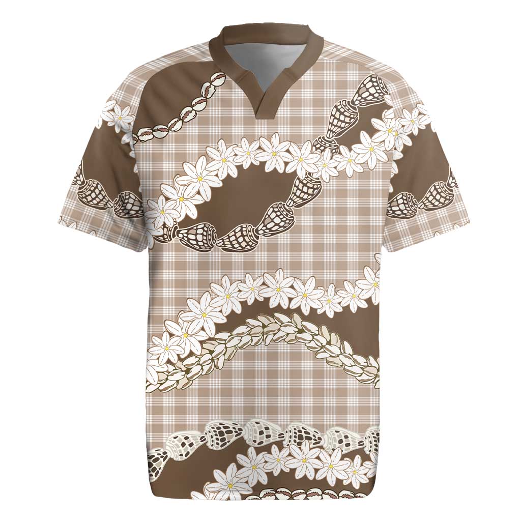 Brown Hawaii Tiare and Shell Lei Rugby Jersey Hawaiian Palaka Luxury Vibes - Polynesian Pride