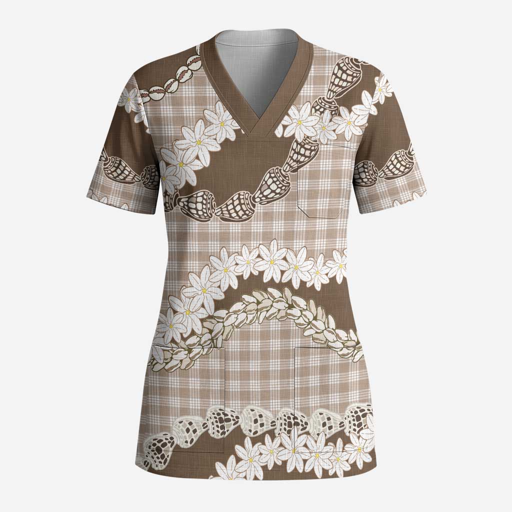 Brown Hawaii Tiare and Shell Lei Scrub Top Hawaiian Palaka Luxury Vibes LT14 Adult Brown - Polynesian Pride