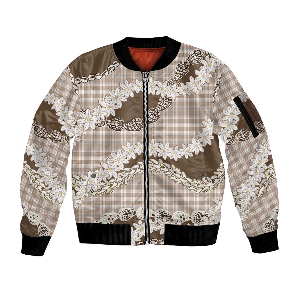 Brown Hawaii Tiare and Shell Lei Sleeve Zip Bomber Jacket Hawaiian Palaka Luxury Vibes - Polynesian Pride