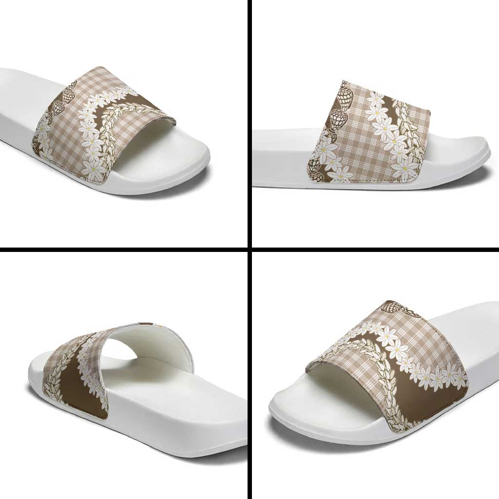Brown Hawaii Tiare and Shell Lei Slide Sandals Hawaiian Palaka Luxury Vibes - Polynesian Pride