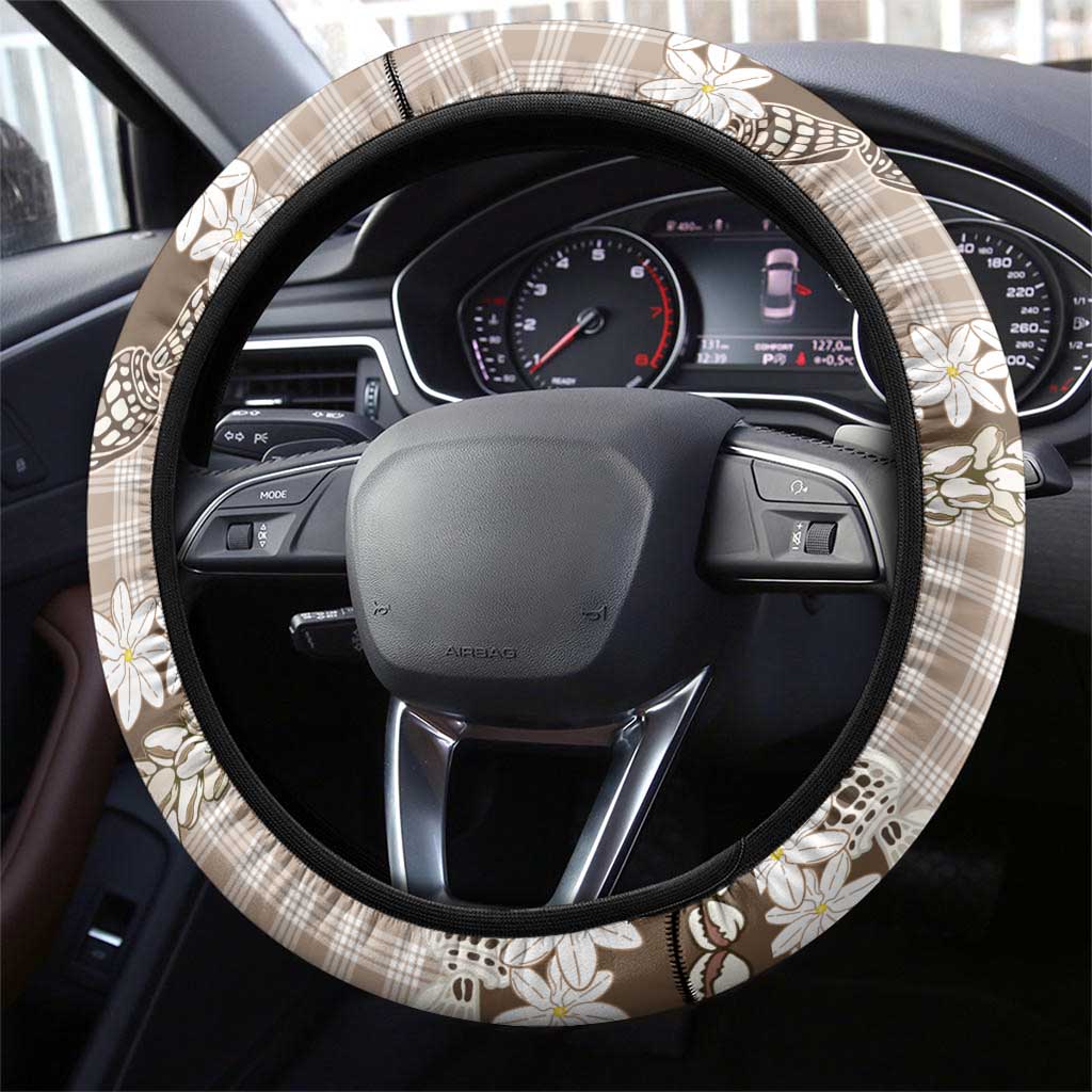 Brown Hawaii Tiare and Shell Lei Steering Wheel Cover Hawaiian Palaka Luxury Vibes - Polynesian Pride