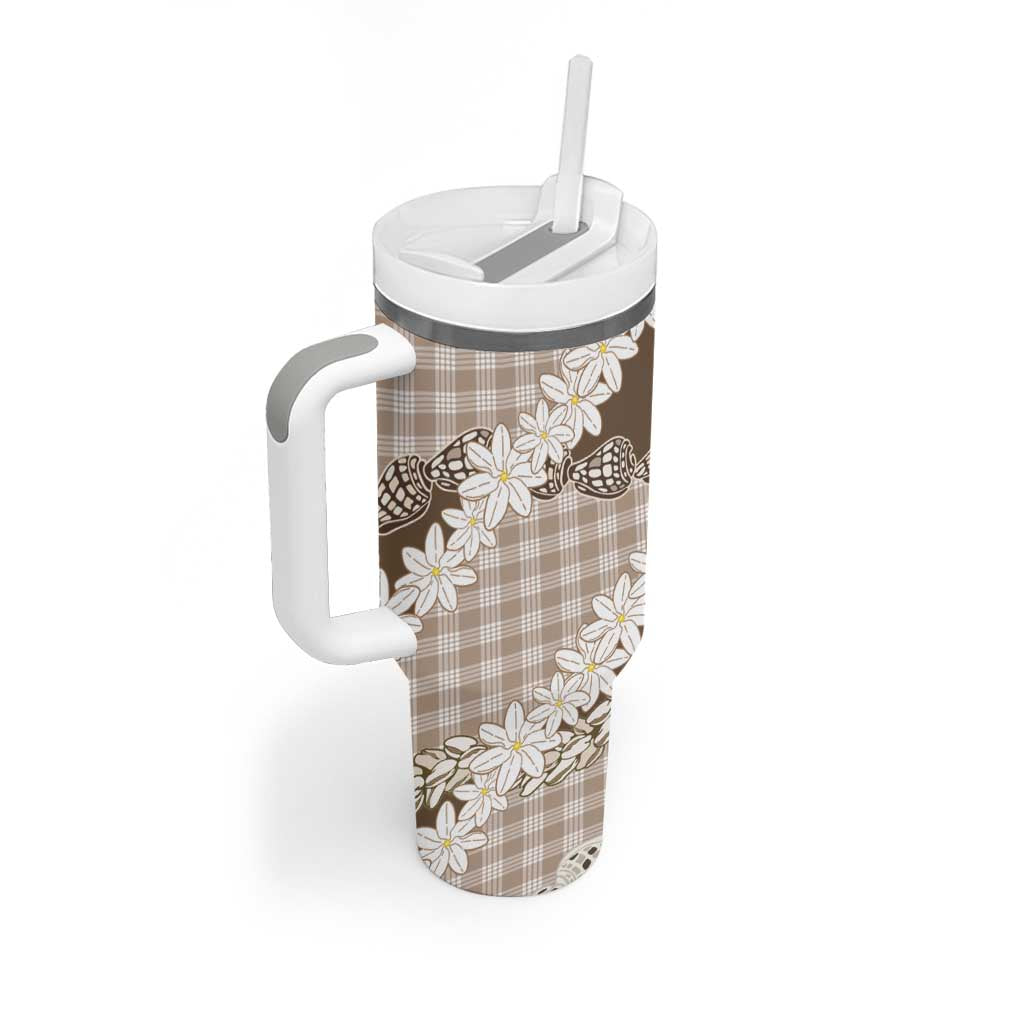 Brown Hawaii Tiare and Shell Lei Tumbler With Handle Hawaiian Palaka Luxury Vibes - Polynesian Pride