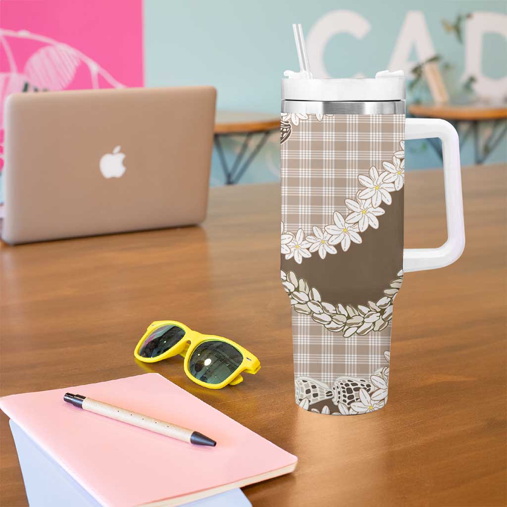 Brown Hawaii Tiare and Shell Lei Tumbler With Handle Hawaiian Palaka Luxury Vibes - Polynesian Pride