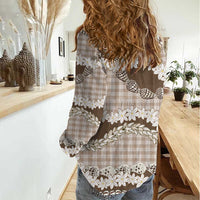 Brown Hawaii Tiare and Shell Lei Women Casual Shirt Hawaiian Palaka Luxury Vibes LT14 - Polynesian Pride