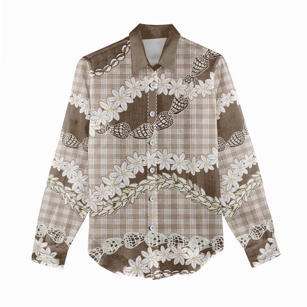 Brown Hawaii Tiare and Shell Lei Women Casual Shirt Hawaiian Palaka Luxury Vibes LT14 - Polynesian Pride