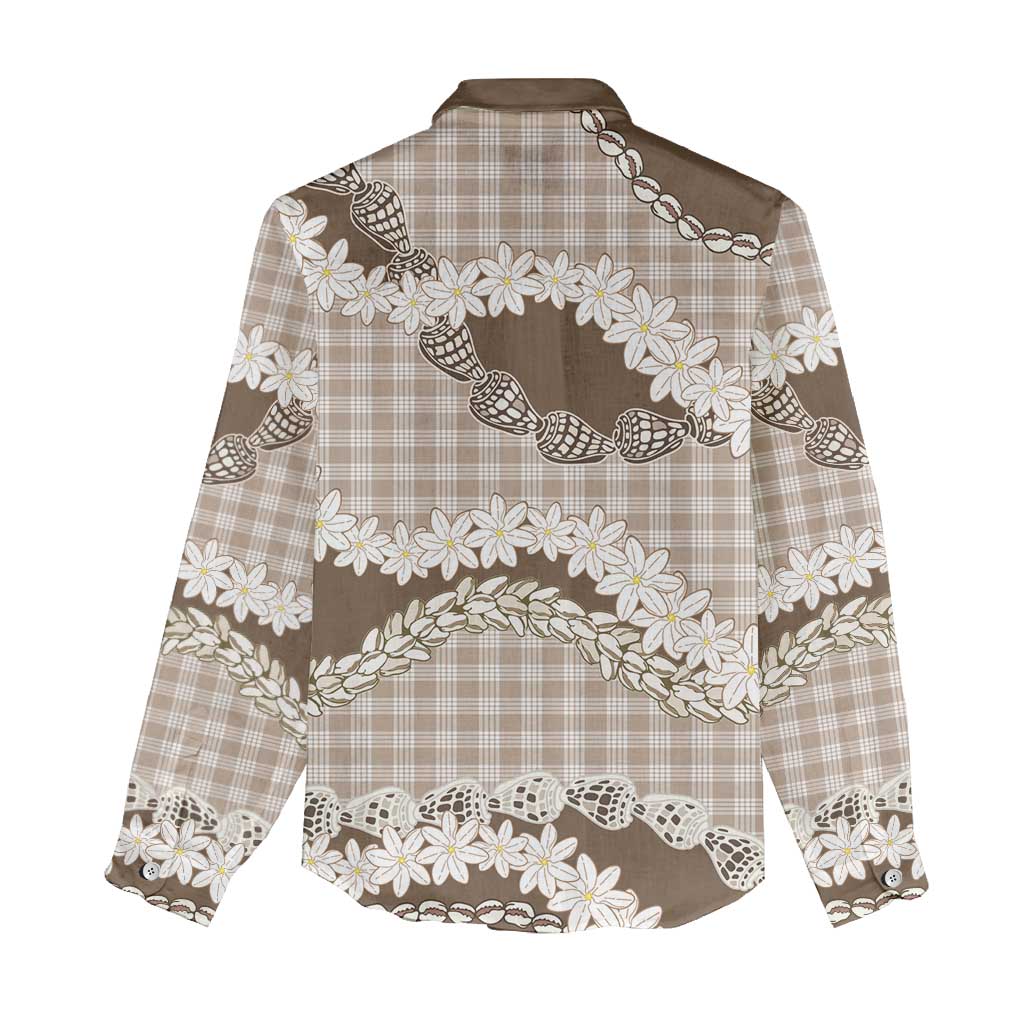 Brown Hawaii Tiare and Shell Lei Women Casual Shirt Hawaiian Palaka Luxury Vibes LT14 - Polynesian Pride