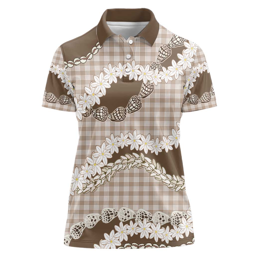 Brown Hawaii Tiare and Shell Lei Women Polo Shirt Hawaiian Palaka Luxury Vibes - Polynesian Pride