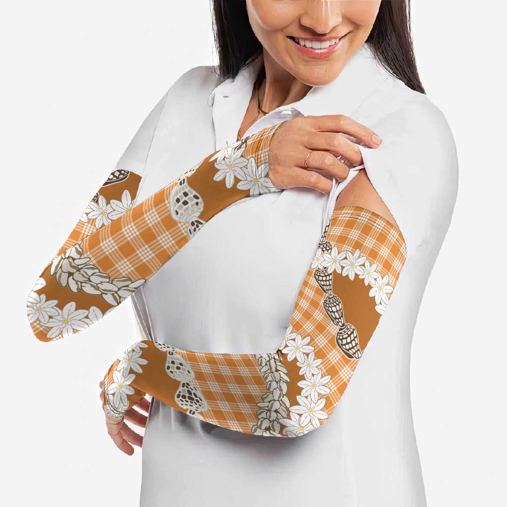Orange Hawaii Tiare and Shell Lei Arm Sleeves Hawaiian Palaka Luxury Vibes - Polynesian Pride