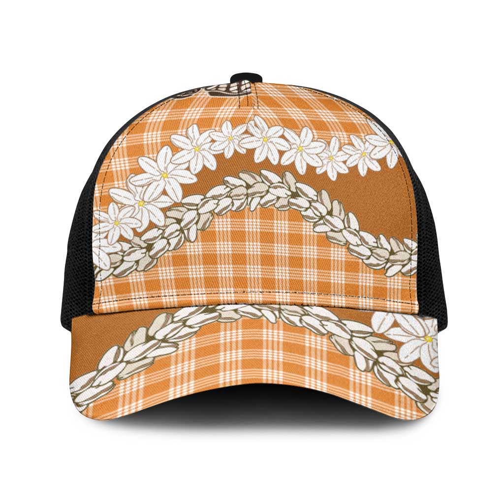 Orange Hawaii Tiare and Shell Lei Baseball Net Cap Hawaiian Palaka Luxury Vibes - Polynesian Pride