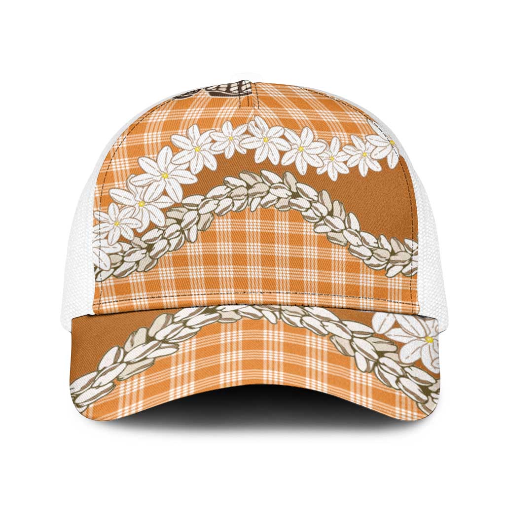 Orange Hawaii Tiare and Shell Lei Baseball Net Cap Hawaiian Palaka Luxury Vibes - Polynesian Pride