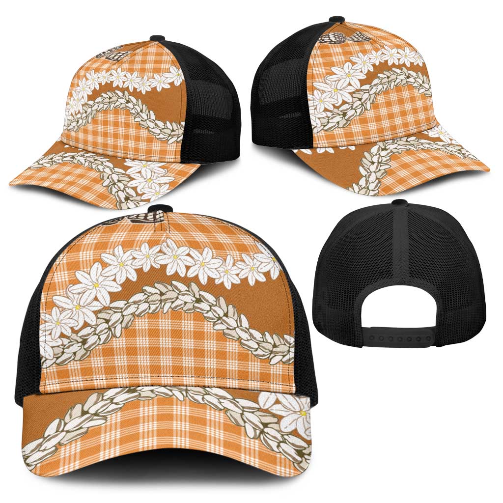Orange Hawaii Tiare and Shell Lei Baseball Net Cap Hawaiian Palaka Luxury Vibes - Polynesian Pride