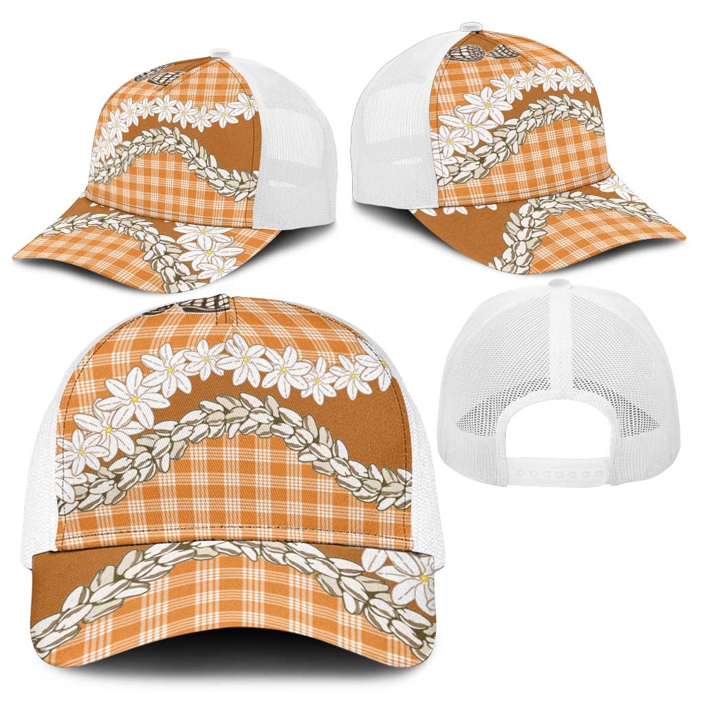 Orange Hawaii Tiare and Shell Lei Baseball Net Cap Hawaiian Palaka Luxury Vibes - Polynesian Pride