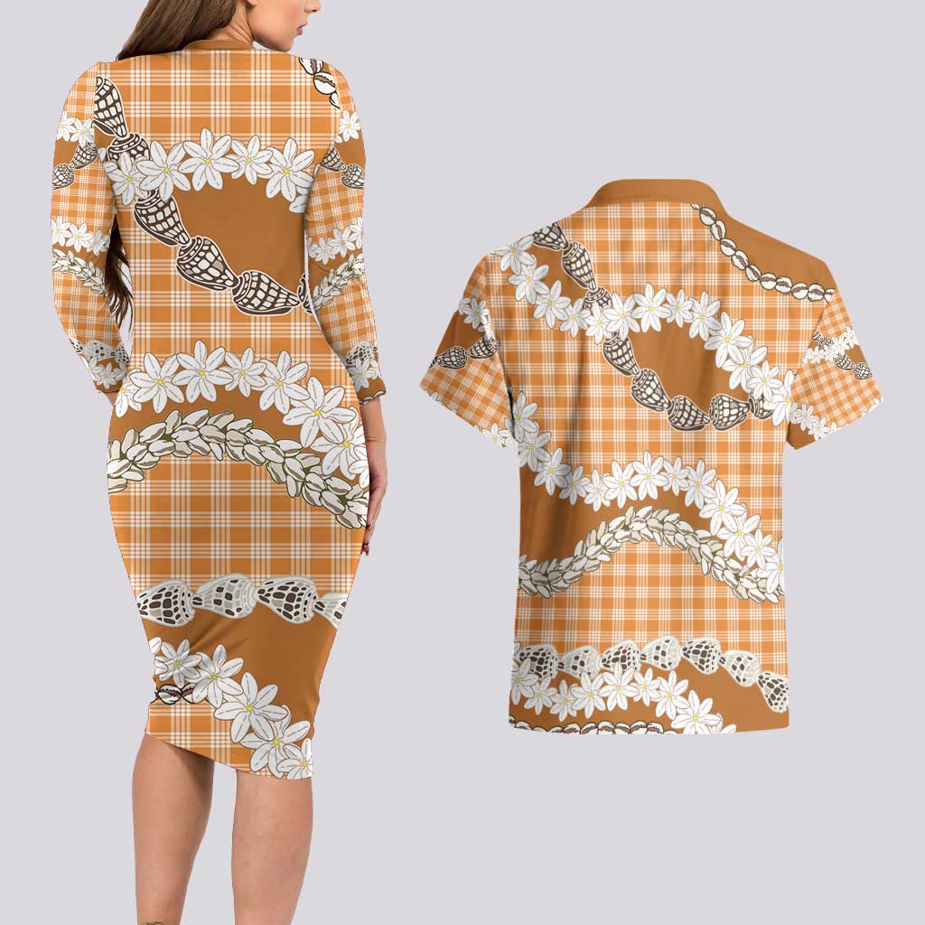 Orange Hawaii Tiare and Shell Lei Couples Matching Long Sleeve Bodycon Dress and Hawaiian Shirt Hawaiian Palaka Luxury Vibes - Polynesian Pride