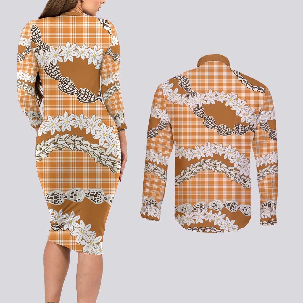 Orange Hawaii Tiare and Shell Lei Couples Matching Long Sleeve Bodycon Dress and Long Sleeve Button Shirt Hawaiian Palaka Luxury Vibes - Polynesian Pride