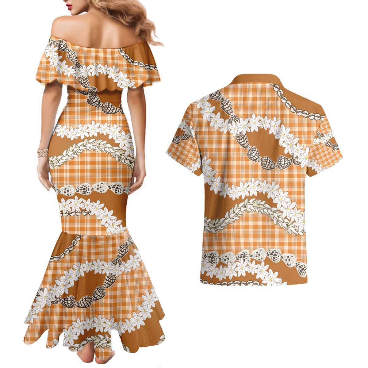 Orange Hawaii Tiare and Shell Lei Couples Matching Mermaid Dress and Hawaiian Shirt Hawaiian Palaka Luxury Vibes - Polynesian Pride