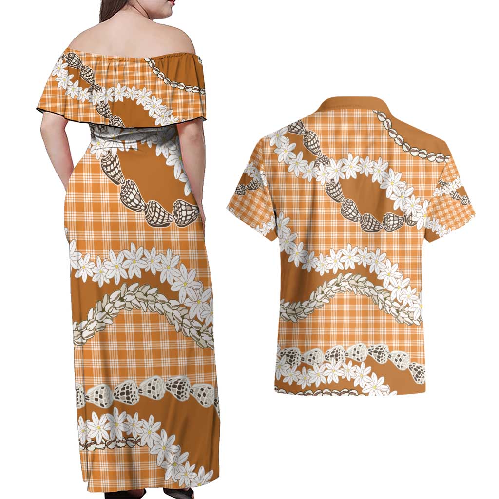 Orange Hawaii Tiare and Shell Lei Couples Matching Off Shoulder Maxi Dress and Hawaiian Shirt Hawaiian Palaka Luxury Vibes - Polynesian Pride