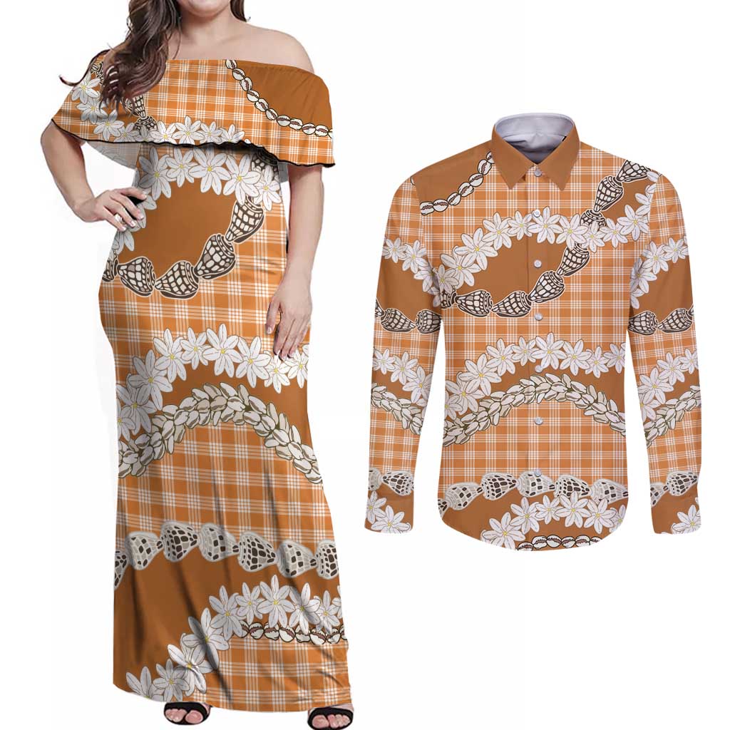 Orange Hawaii Tiare and Shell Lei Couples Matching Off Shoulder Maxi Dress and Long Sleeve Button Shirt Hawaiian Palaka Luxury Vibes - Polynesian Pride