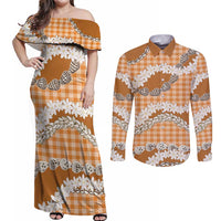 Orange Hawaii Tiare and Shell Lei Couples Matching Off Shoulder Maxi Dress and Long Sleeve Button Shirt Hawaiian Palaka Luxury Vibes - Polynesian Pride