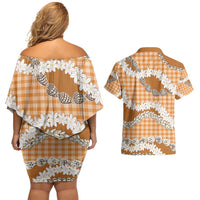 Orange Hawaii Tiare and Shell Lei Couples Matching Off Shoulder Short Dress and Hawaiian Shirt Hawaiian Palaka Luxury Vibes - Polynesian Pride