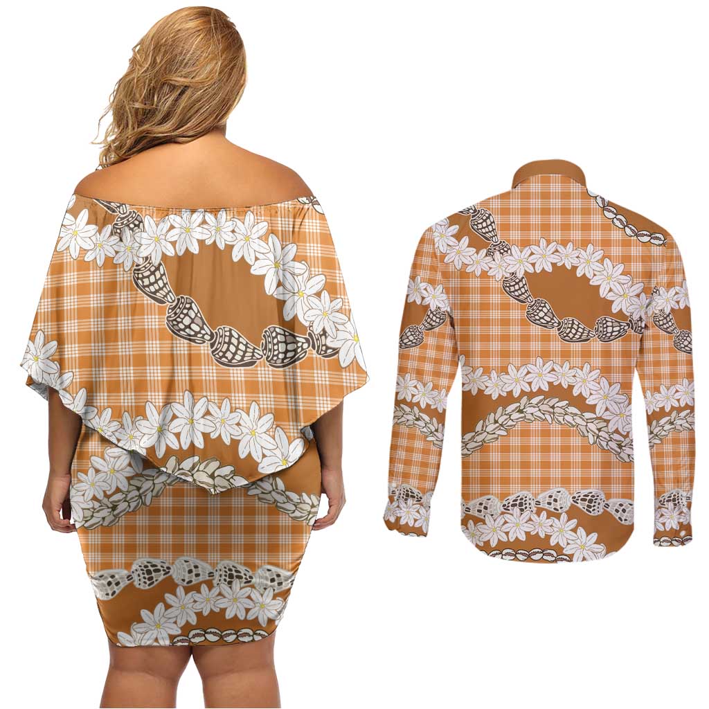 Orange Hawaii Tiare and Shell Lei Couples Matching Off Shoulder Short Dress and Long Sleeve Button Shirt Hawaiian Palaka Luxury Vibes - Polynesian Pride