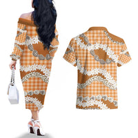 Orange Hawaii Tiare and Shell Lei Couples Matching Off The Shoulder Long Sleeve Dress and Hawaiian Shirt Hawaiian Palaka Luxury Vibes - Polynesian Pride