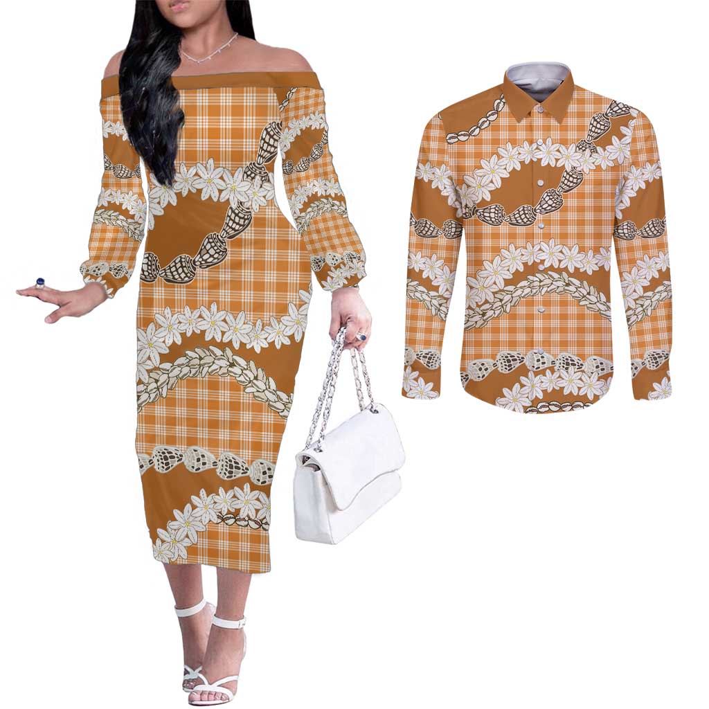 Orange Hawaii Tiare and Shell Lei Couples Matching Off The Shoulder Long Sleeve Dress and Long Sleeve Button Shirt Hawaiian Palaka Luxury Vibes - Polynesian Pride