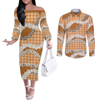 Orange Hawaii Tiare and Shell Lei Couples Matching Off The Shoulder Long Sleeve Dress and Long Sleeve Button Shirt Hawaiian Palaka Luxury Vibes - Polynesian Pride