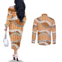 Orange Hawaii Tiare and Shell Lei Couples Matching Off The Shoulder Long Sleeve Dress and Long Sleeve Button Shirt Hawaiian Palaka Luxury Vibes - Polynesian Pride