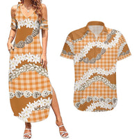 Orange Hawaii Tiare and Shell Lei Couples Matching Summer Maxi Dress and Hawaiian Shirt Hawaiian Palaka Luxury Vibes - Polynesian Pride