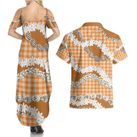 Orange Hawaii Tiare and Shell Lei Couples Matching Summer Maxi Dress and Hawaiian Shirt Hawaiian Palaka Luxury Vibes - Polynesian Pride