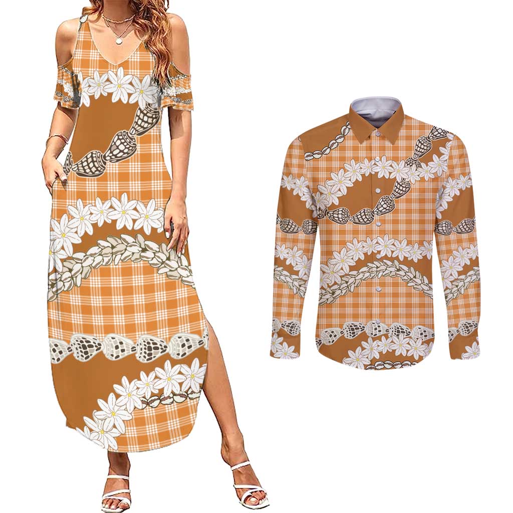Orange Hawaii Tiare and Shell Lei Couples Matching Summer Maxi Dress and Long Sleeve Button Shirt Hawaiian Palaka Luxury Vibes - Polynesian Pride