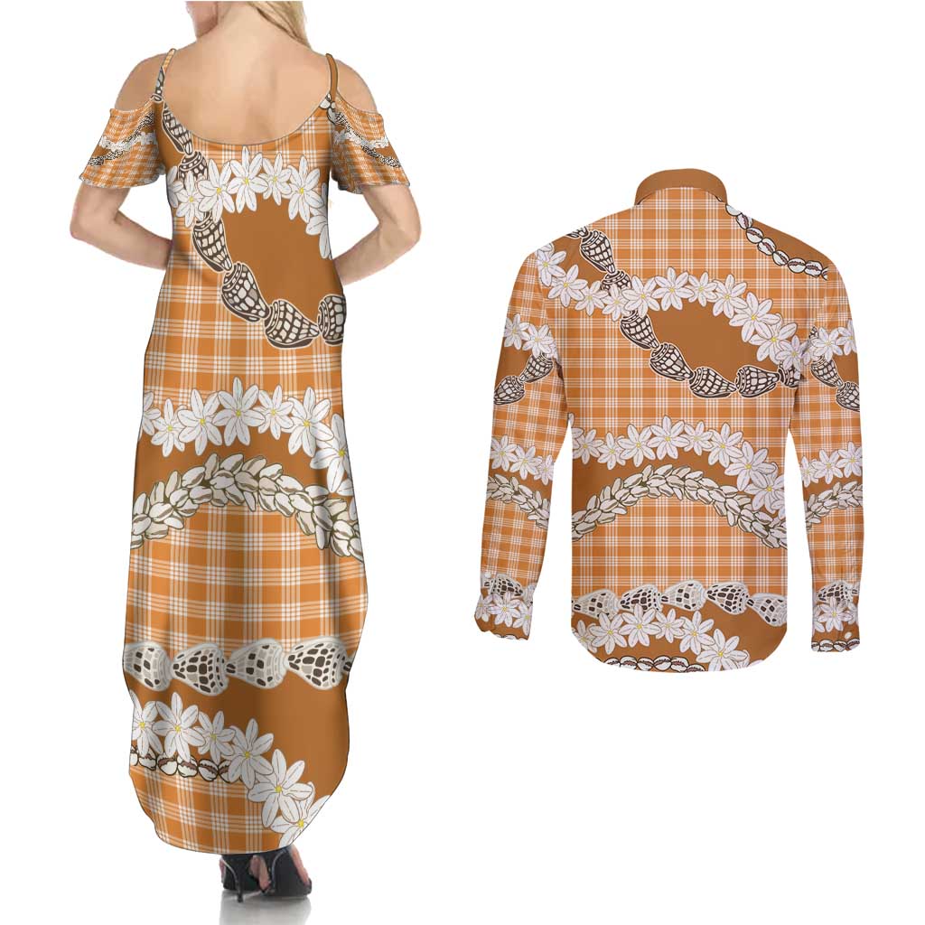 Orange Hawaii Tiare and Shell Lei Couples Matching Summer Maxi Dress and Long Sleeve Button Shirt Hawaiian Palaka Luxury Vibes - Polynesian Pride