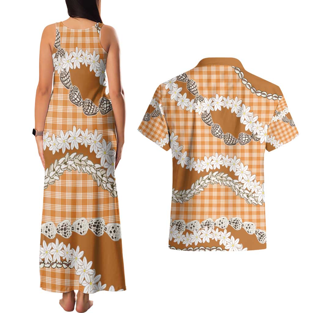 Orange Hawaii Tiare and Shell Lei Couples Matching Tank Maxi Dress and Hawaiian Shirt Hawaiian Palaka Luxury Vibes - Polynesian Pride