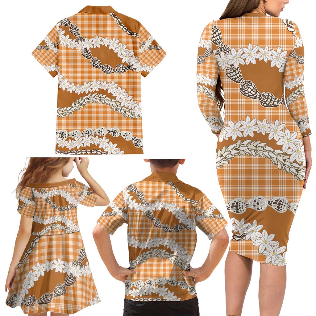 Orange Hawaii Tiare and Shell Lei Family Matching Long Sleeve Bodycon Dress and Hawaiian Shirt Hawaiian Palaka Luxury Vibes - Polynesian Pride