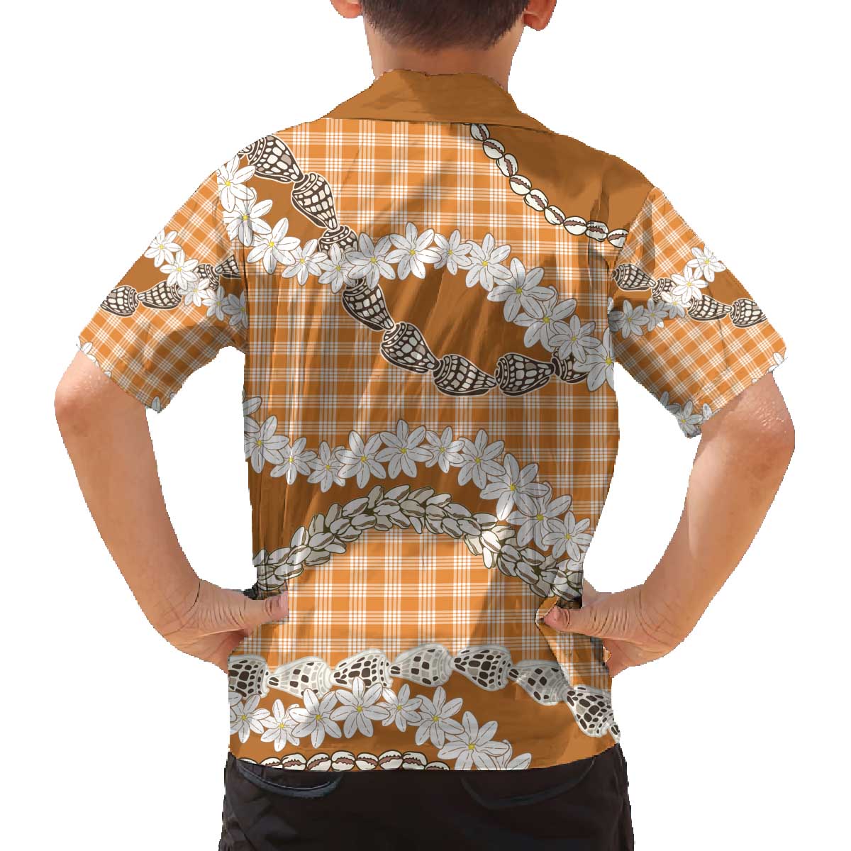 Orange Hawaii Tiare and Shell Lei Family Matching Off The Shoulder Long Sleeve Dress and Hawaiian Shirt Hawaiian Palaka Luxury Vibes - Polynesian Pride