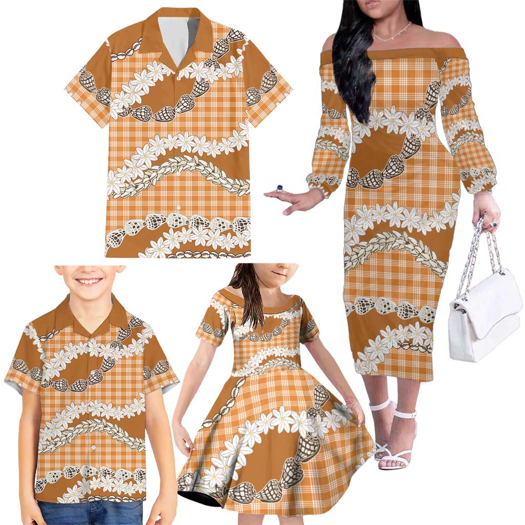 Orange Hawaii Tiare and Shell Lei Family Matching Off The Shoulder Long Sleeve Dress and Hawaiian Shirt Hawaiian Palaka Luxury Vibes LT14 - Polynesian Pride