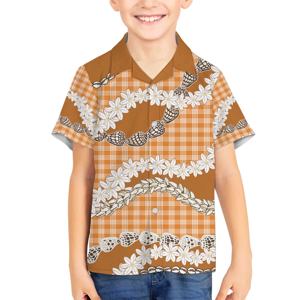 Orange Hawaii Tiare and Shell Lei Family Matching Off The Shoulder Long Sleeve Dress and Hawaiian Shirt Hawaiian Palaka Luxury Vibes - Polynesian Pride