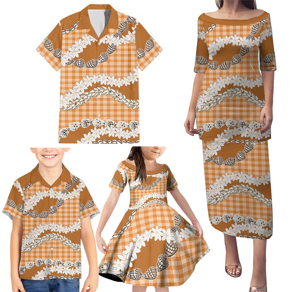Orange Hawaii Tiare and Shell Lei Family Matching Puletasi and Hawaiian Shirt Hawaiian Palaka Luxury Vibes LT14 - Polynesian Pride