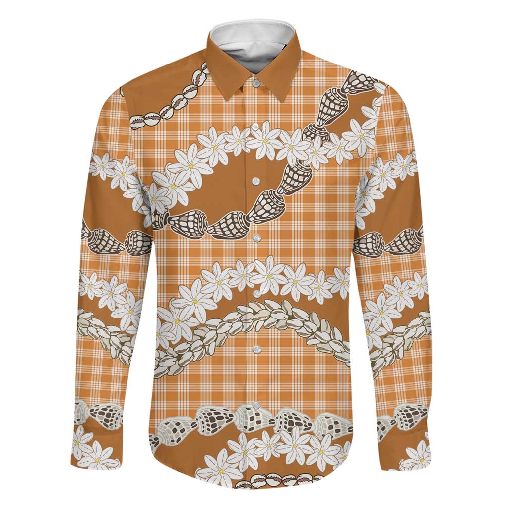 Orange Hawaii Tiare and Shell Lei Family Matching Puletasi and Hawaiian Shirt Hawaiian Palaka Luxury Vibes LT14 Dad's Shirt - Long Sleeve Orange - Polynesian Pride