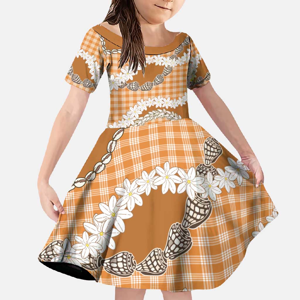 Orange Hawaii Tiare and Shell Lei Family Matching Short Sleeve Bodycon Dress and Hawaiian Shirt Hawaiian Palaka Luxury Vibes - Polynesian Pride