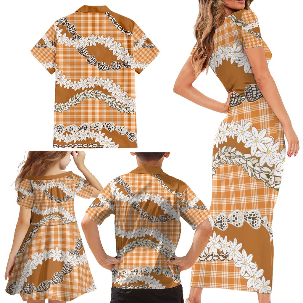 Orange Hawaii Tiare and Shell Lei Family Matching Short Sleeve Bodycon Dress and Hawaiian Shirt Hawaiian Palaka Luxury Vibes - Polynesian Pride