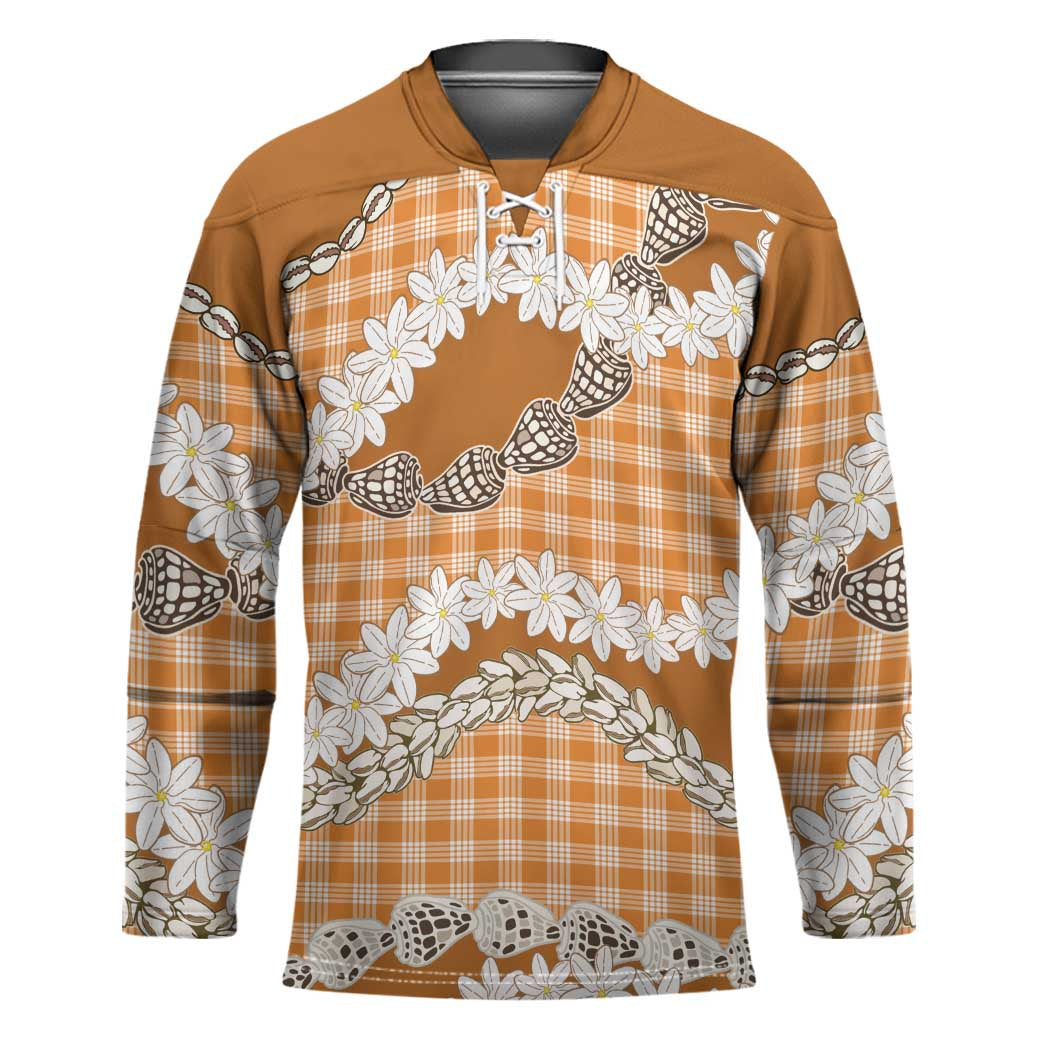 Orange Hawaii Tiare and Shell Lei Hockey Jersey Hawaiian Palaka Luxury Vibes - Polynesian Pride