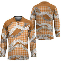 Orange Hawaii Tiare and Shell Lei Hockey Jersey Hawaiian Palaka Luxury Vibes - Polynesian Pride
