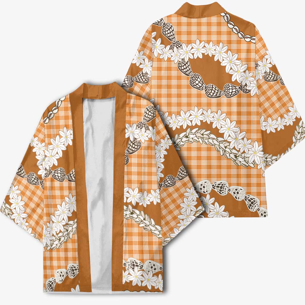 Orange Hawaii Tiare and Shell Lei Kimono Hawaiian Palaka Luxury Vibes - Polynesian Pride