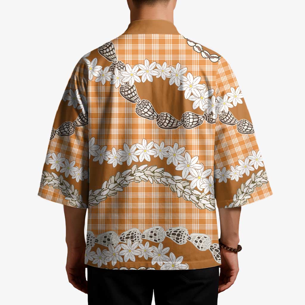 Orange Hawaii Tiare and Shell Lei Kimono Hawaiian Palaka Luxury Vibes - Polynesian Pride