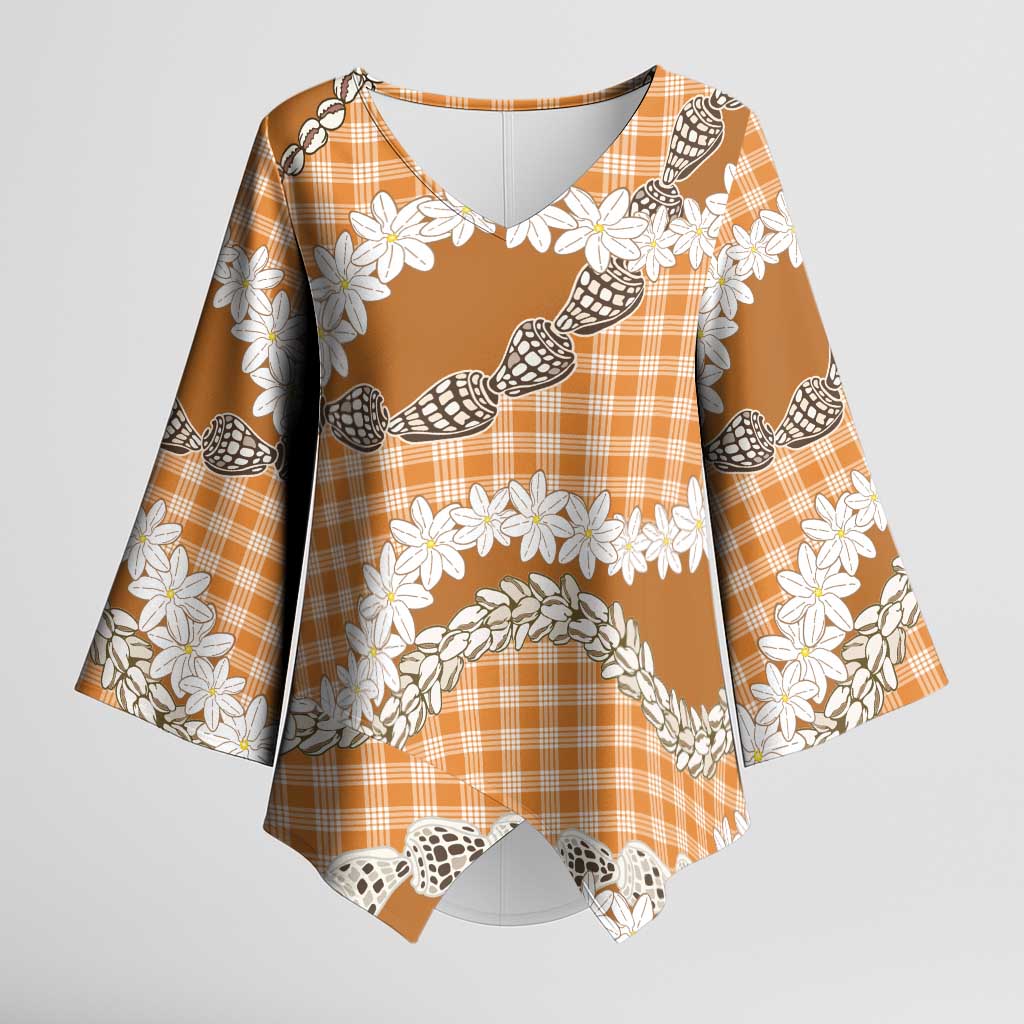 Orange Hawaii Tiare and Shell Lei Kimono Sleeve Blouse Hawaiian Palaka Luxury Vibes - Polynesian Pride
