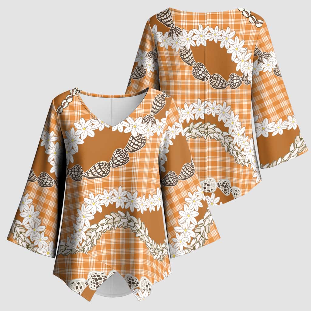 Orange Hawaii Tiare and Shell Lei Kimono Sleeve Blouse Hawaiian Palaka Luxury Vibes - Polynesian Pride