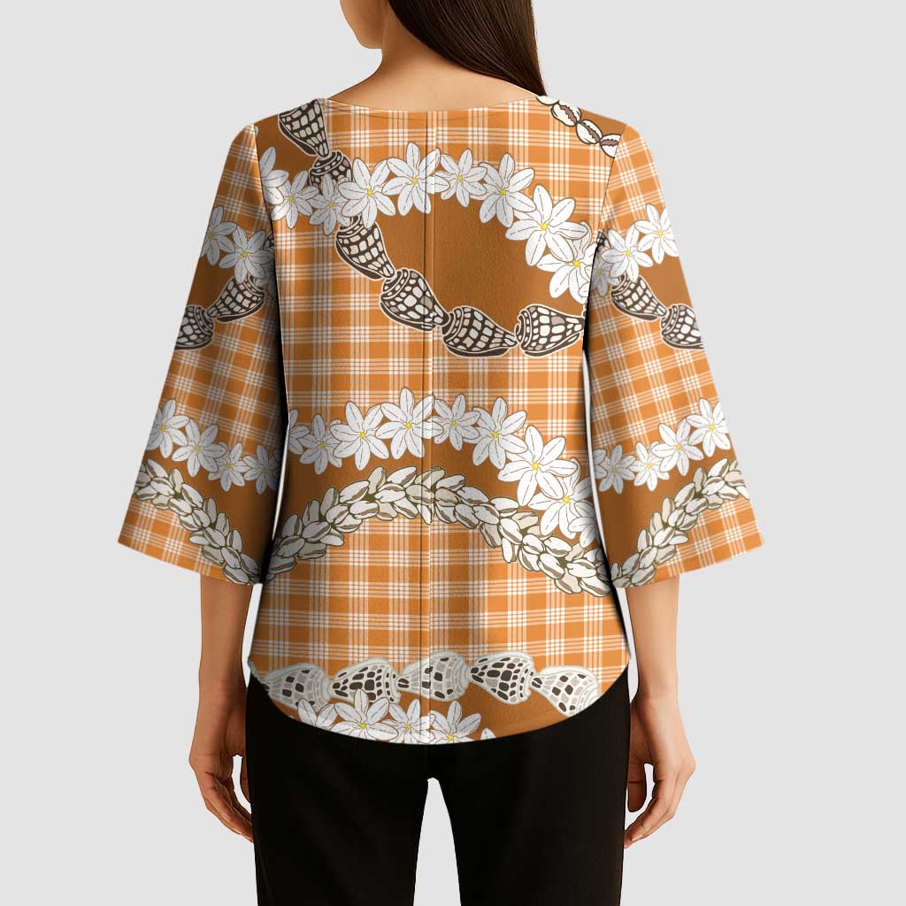Orange Hawaii Tiare and Shell Lei Kimono Sleeve Blouse Hawaiian Palaka Luxury Vibes - Polynesian Pride