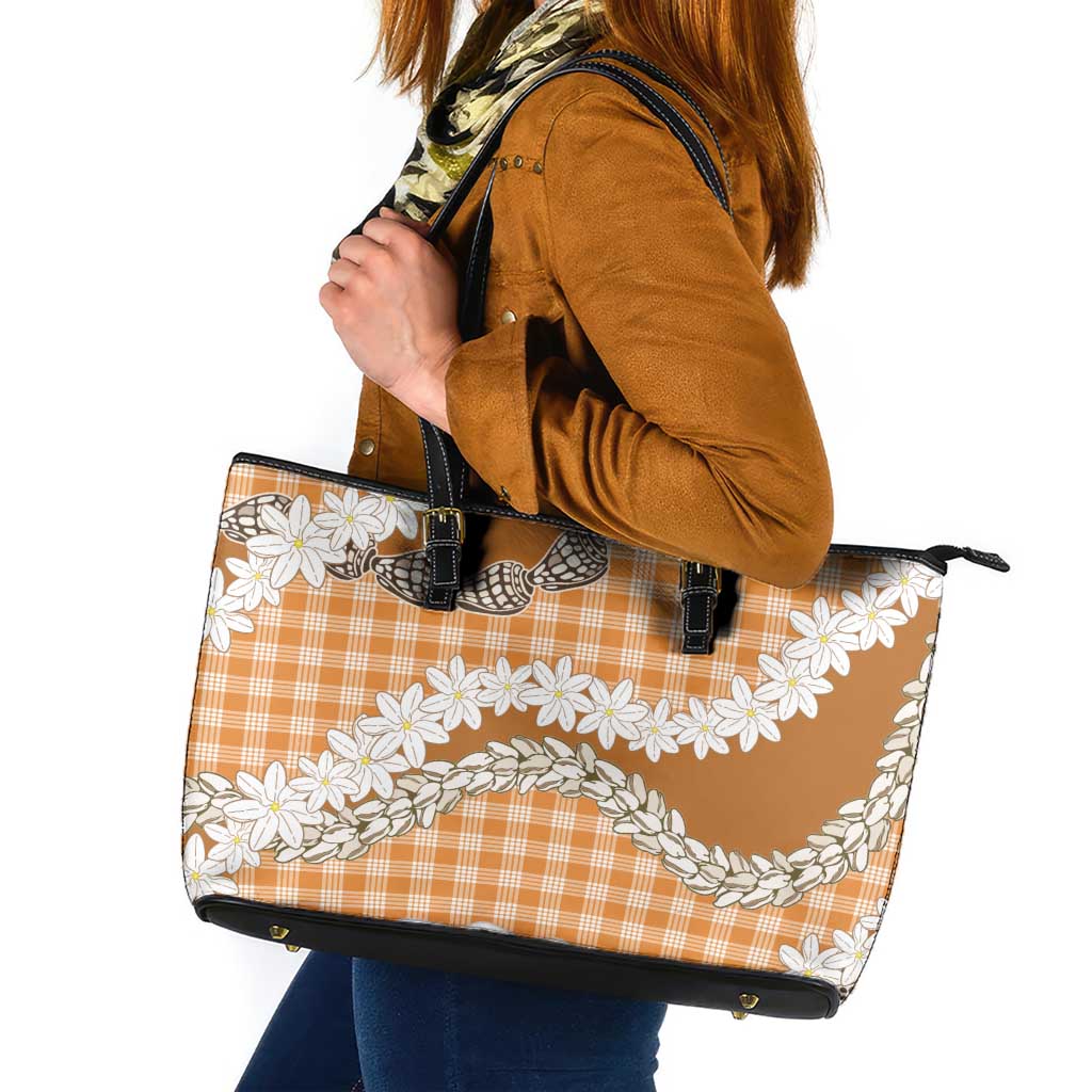 Orange Hawaii Tiare and Shell Lei Leather Tote Bag Hawaiian Palaka Luxury Vibes - Polynesian Pride